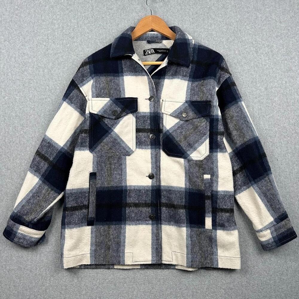 Zara Jacket Women's XS Wool Blend Blue Gray White Plaid Button Up Shacket Warm